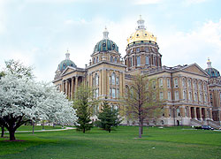 Iowa State Capitol Building with a dogwood tree in the foreground