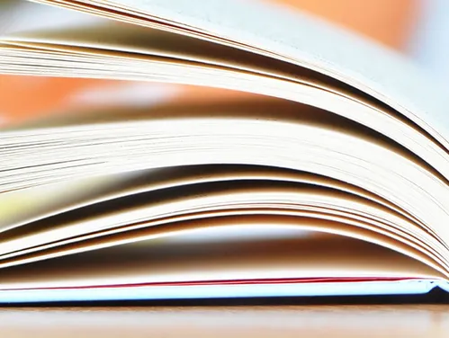 close-up side-view of a book, opened on its spine, with the pages fanning out.