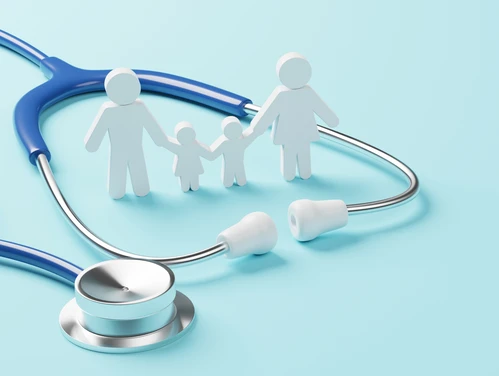 stethoscope surrounding paper cutout family 