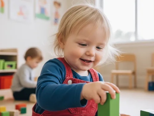 blond haired toddler playing with blocks