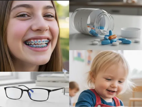 girl with braces, pill bottle with pills, reading glasses and a toddler