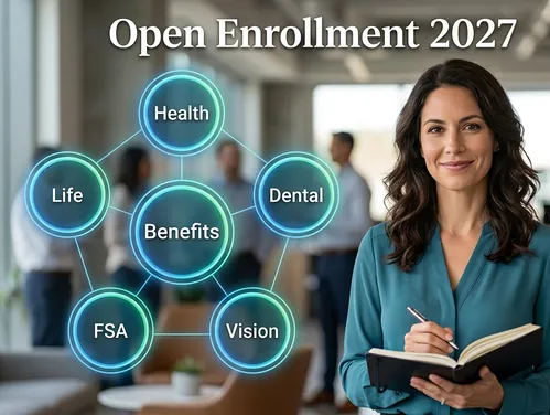woman in green blouse with notebook, benefits listed next to her