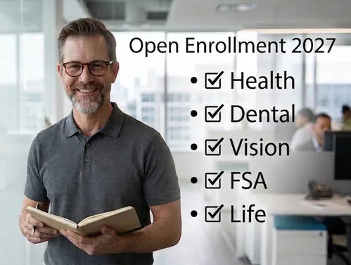 man with beard and glasses holding a notebook, checklist of benefits next to him