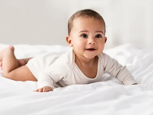 baby in white laying on white blanket
