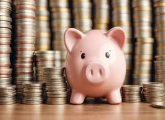 Piggy Bank in front of stacks of coins