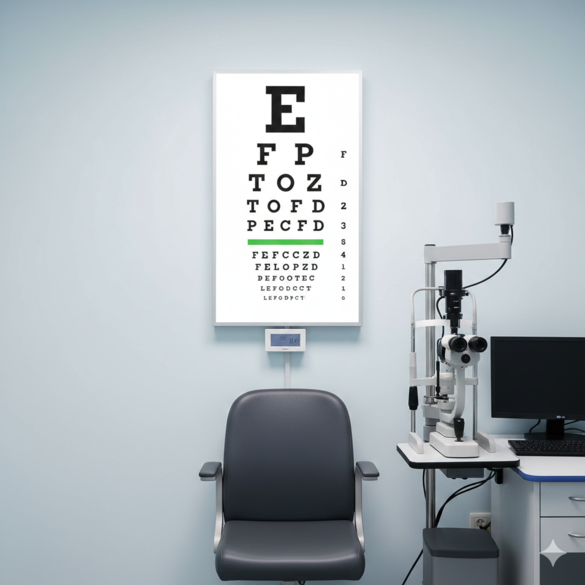 eye exam office with snellen chart on the wall