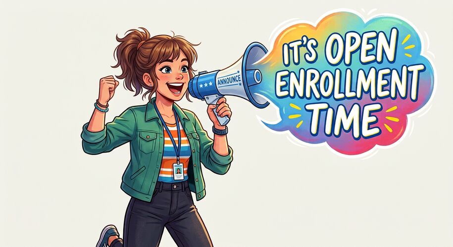 Illustrated female with brown hair and a bullhorn shouting its open enrollment time
