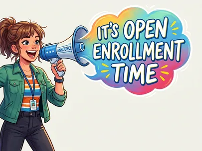 Illustrated female with brown hair and a bullhorn shouting its open enrollment time